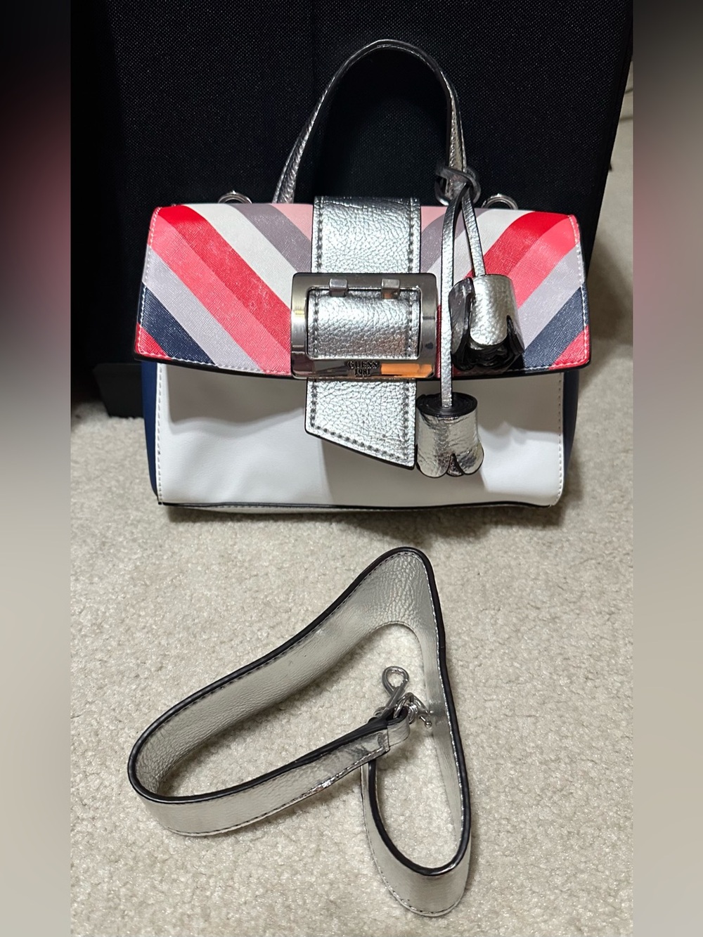 Guess Silver and White Satchel with Red-Pink-Blue Striped Flap